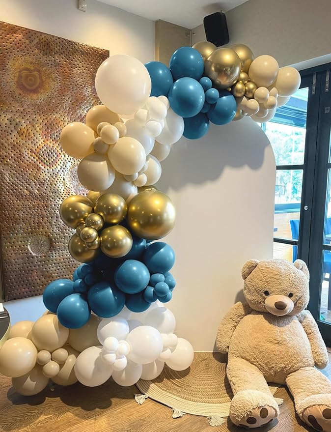 Dusty Blue Balloon Arch Garland Kit, 134PCS Ivory White, Slate Fog, Baby Blue and Gold Balloons for Baby Shower, Gender Reveal, Birthday Backdrop, Wedding, Bridal Shower Party Decor