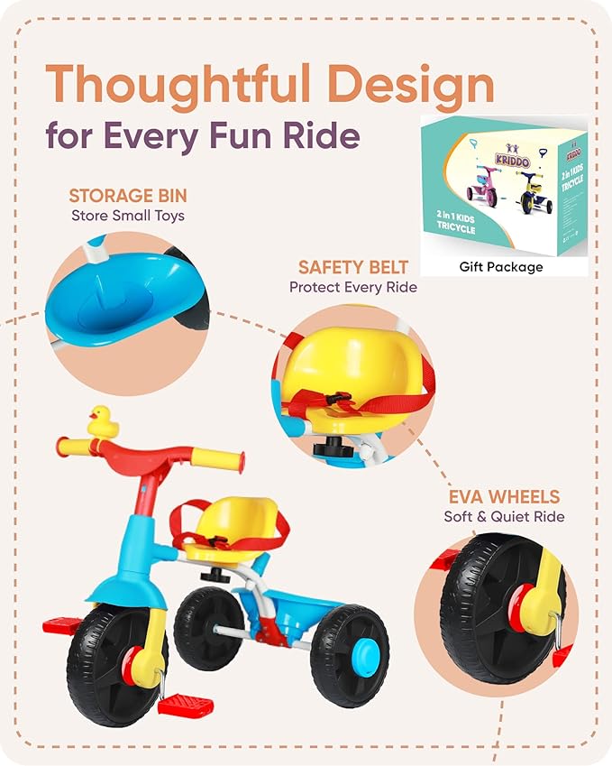 KRIDDO 2 in 1 Kids Tricycles Age 18 Month to 3 Years, Gift Toddler Tricycles for 2-3 Year Olds, Trikes for Toddlers with Push Handle and Duck Bell EVA Wheel