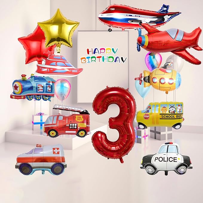 12pcs Transportation Balloons, Truck Plane School Bus Fire Truck Police Car Ship Ambulance Submarine Foil Balloon, Transportation 3rd Birthday Vehicles Theme Party Supplies Decorations (3rd)