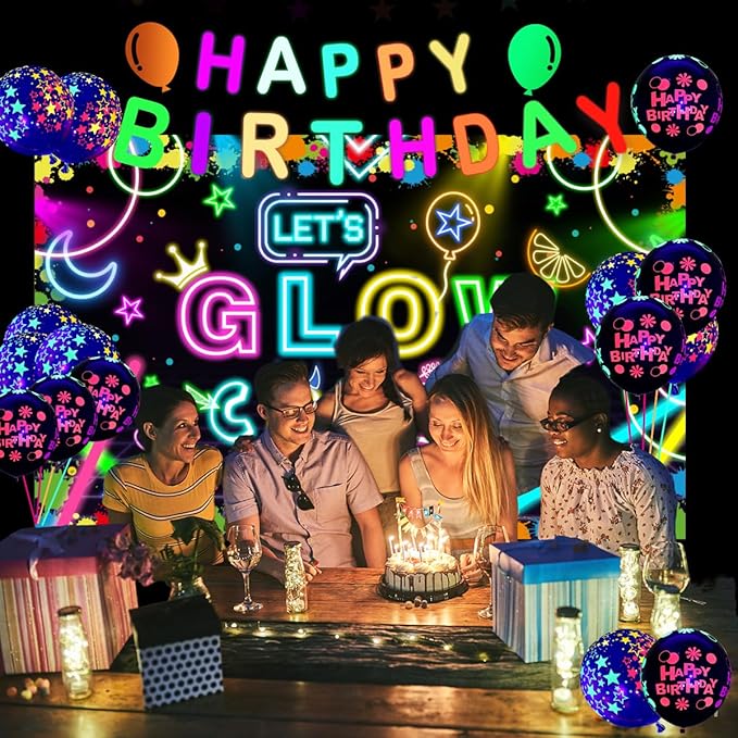 Neon Glow Party Decorations Supplies Include Neon Let's Glow Backdrop Glow in The Dark Party Supplies, 18Pcs Glow in the Dark Balloons and 1Pcs Glow Party Banner for Neon Birthday Party Decorations