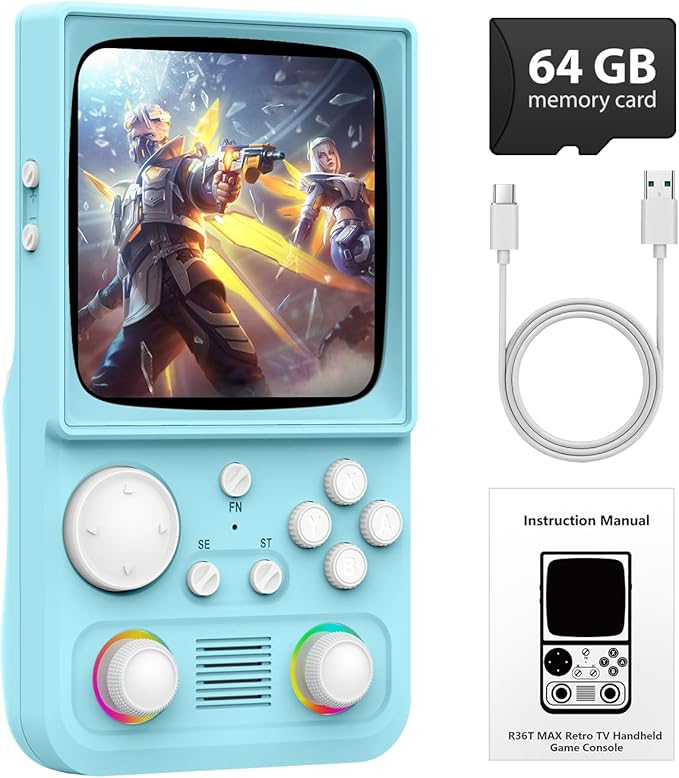 R36TMAX Handheld Game Console, Retro Gaming Console with 18,000+ Classic Games, 4.0 Inch IPS HD Screen, Supports WiFi Networked Fighting and OTG, 4000mAh Battery (Blue 64GB)