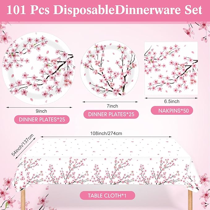 Zhehao 101 Pcs Cherry Blossom Party Tableware Set Cherry Blossom Party Supplies Includes 50 Pcs Paper Plates, 50 Pcs Napkins and 1 Tablecloth for Birthday Baby Bridal Shower Party Decorations
