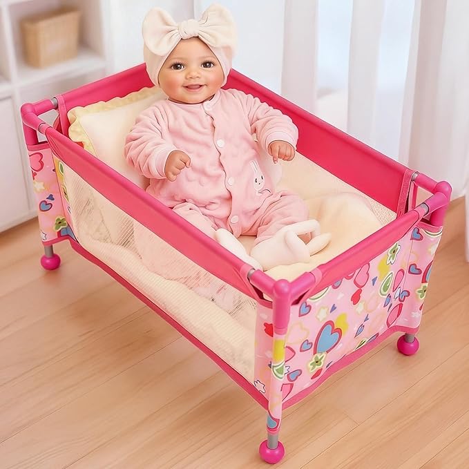 BABESIDE Baby Doll Crib for 18" Reborn Dolls,Baby Doll Bed with Storage Bag, Reborn Babydolls Accessories for Age 3+,Doll Crib Playpen for Kids,Pink