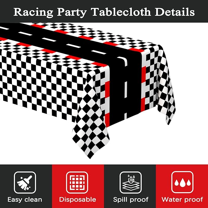 WNINK 4 Pack Racing Car Theme Rectangular Plastic Tablecloths, Car Disposable Table Covers 54" x 108" Black Checkered Flag Table Cloths for Race Car Birthday, Outdoor Picnic Parties Decorations