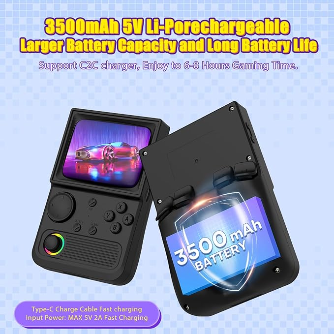 R36T Retro Gaming Console, 3.5'' IPS Screen CRT-Inspired, Handheld Game Console with 18000+ Classic Games Supports WiFi Networked Fighting and OTG, 3500mAh Battery, with Portable Case(Black 64GB)