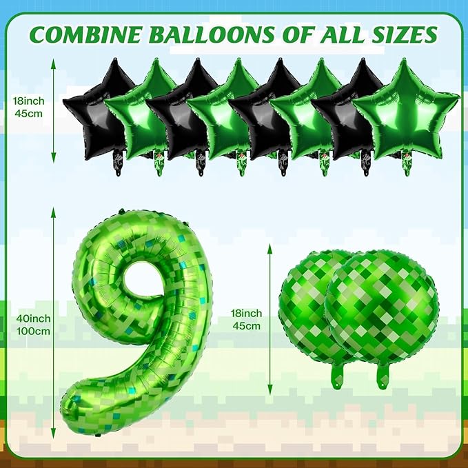 40 Inch Green Pixel Themed Number 9 Balloon Set Foil Balloon for Girls & Boys Birthday Party Decorations, Party Supplies & Favors (Number 9)