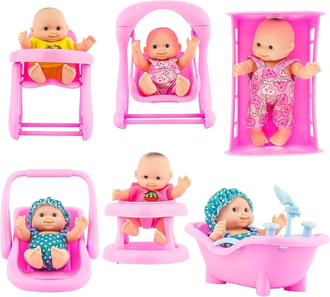 PowerTRC 6 Set of Mini 5 Inch Baby Girl Toy Dolls Collection with High Chair, Cradle, Walker, Swing, Bathtub and Baby Seat Accessories for Girls 3-6 Years Old