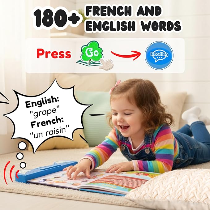 ZeenKind French English Talking Learning Book for Kids 2 3 4 5 6 Years Old, Learn French Interactive Audio Sound Books for Toddlers, Francais Educational Electronic Toys, Bilingual Musical Toy