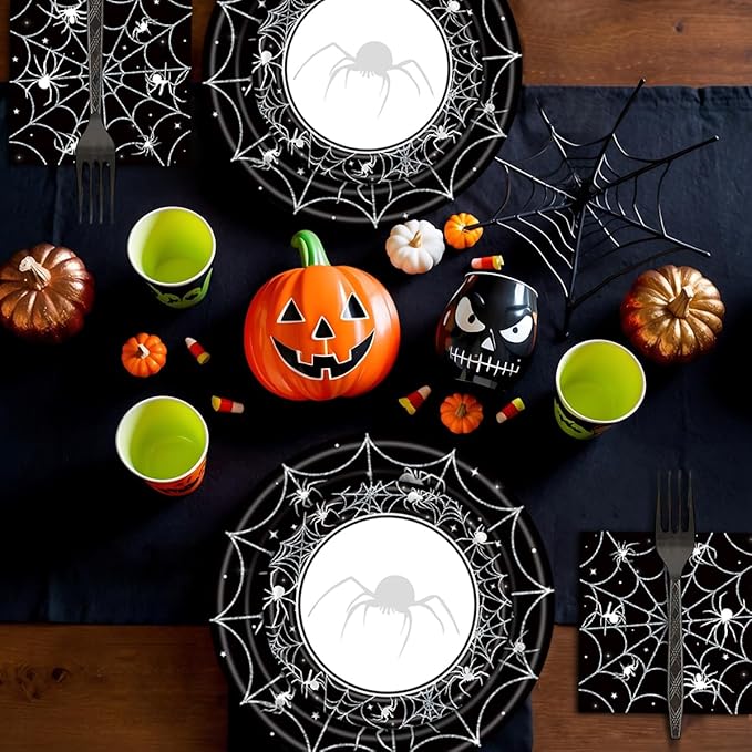 80 Pcs Halloween Spider Web Tableware Party Supplies - Disposable Dinnerware Set with Paper Plates, Napkins, and Forks for Spooky Halloween Party Supplies, Birthday Decorations Serves 20