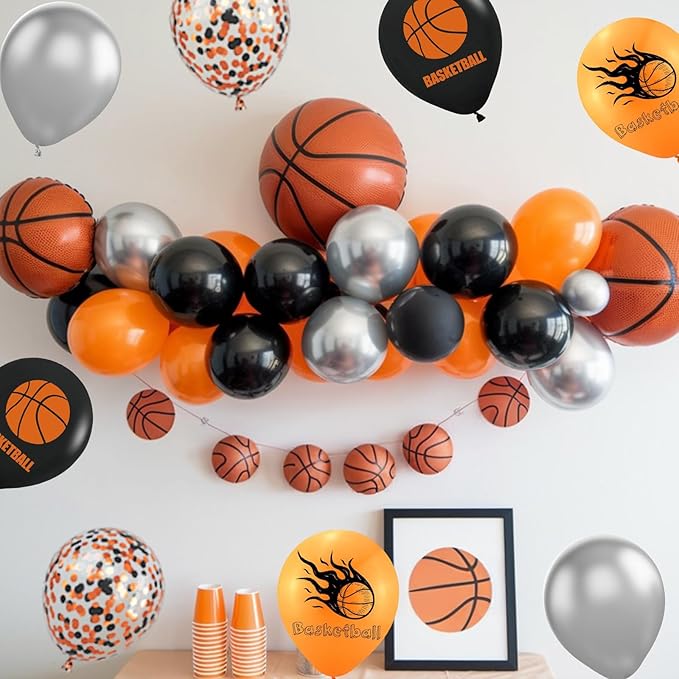 Basketball Balloons, 60Pcs 12 Inch Black Orange Metallic Silver Confetti Basketball Party Balloons for Kids Boy Sport Birthday Party Sports Baby Shower Graduation Party Decorations