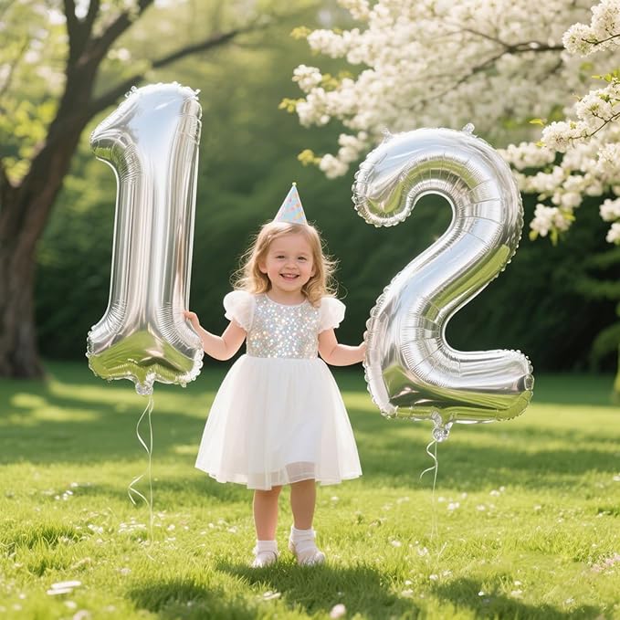 40 Inch Silver Number 12 Digital Balloon,Jumbo Mylar Foil Helium Balloon for 12 Balloons for Birthday Party,Wedding Anniversary Party Decorations