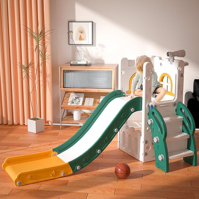 MOCUTEEN 6 in 1 Toddler Slide,Baby Playset for Indoor Outdoor Playground with Basketball Hoop,Storage and Telescope,Climbing Toys for Toddler Playground Playset