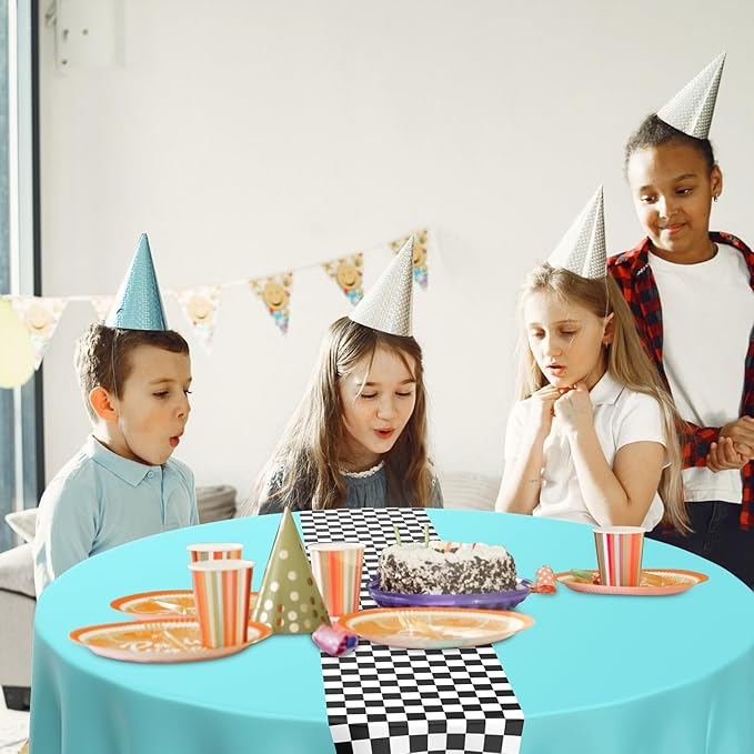 Oudain 3 Pcs Cars Birthday Party Supplies Racing Party Decorations Round Racing Tablecloth Checkered Flag Table Covers Road Plastic Table Cloth, 84" Blue