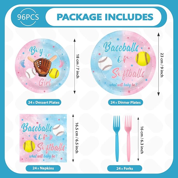 96Pcs Baseball or Softball Party Decoration Baseball Gender Reveal Plates and Napkins Pink Blue Sports Theme Disposable Tableware Set for He or She Baby Shower Party Supplies Serves 24