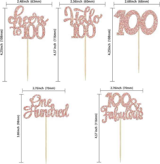 30pcs Happy 100th Birthday Cupcake Toppers - Rose Gold Glitter One Hundred Cheers to 100 Years Old Cupcake Picks for Anniversary Party Cake Decorations