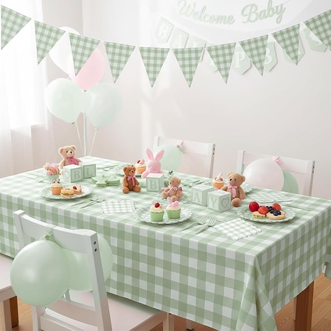 102 PCS Sage Green Gingham Party Supplies - Scalloped Plates, Napkins, Cups, Forks, Banner, Gingham Tablecloth for Baby Shower, Wedding, Birthday, Serves 25