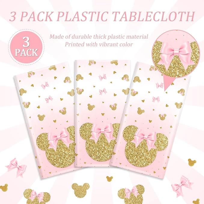 3 Pieces Pink Mouse Birthday Tablecover Gold Mouse Head Cartoon Plastic Party Tablecloth Disposable Table Decoration for Kids Girls