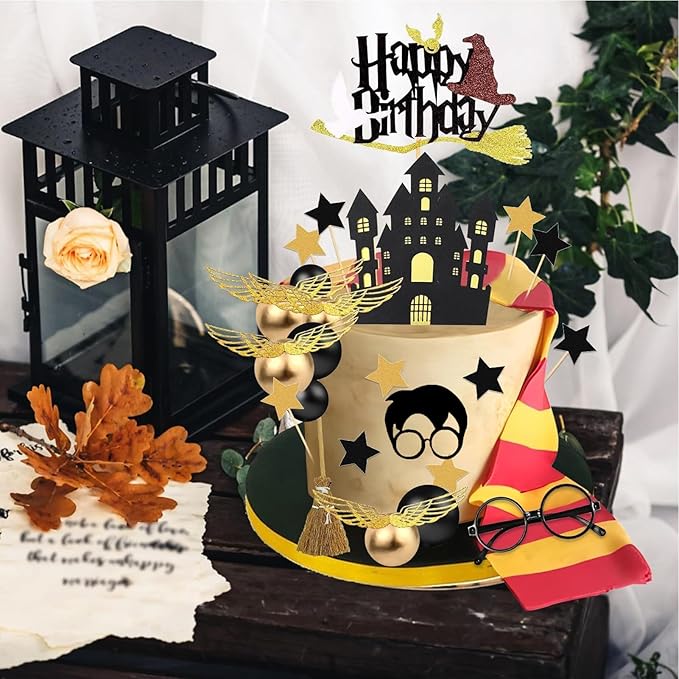 26 PCS Wizard Birthday Cake Topper Decorations, Wizard Party Supplies, Glitter Themed Cupcake Decorations