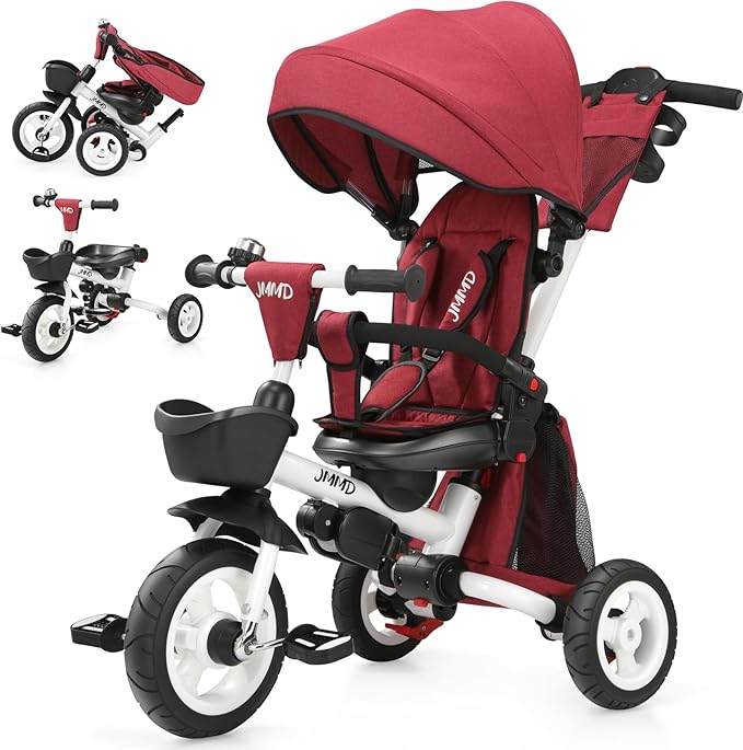 JMMD 8 in 1 Tricycle Stroller with Push Handle, Foldable Trike with 360° Swivel Seat, Reclining Backrest, All-Terrain Wheels, Dual Brakes, Canopy & Storage, Gift for Kids 18 Months to 5 Years, Red