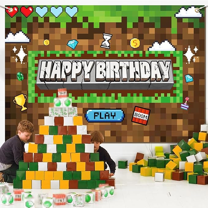 Pixel Birthday Party Decorations Pixel Video Game Banner for Miner Birthday Party Backdrop Photo Background Wall Decor Mining Party Supplies