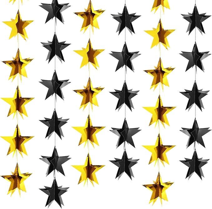 MARFOREVER 5 PCS 3D Black and Gold Star Garland, 41 Ft Star Metallic Paper Twinkle Hanging Sparkling Stars Banner Streamer for Birthday Wedding Baby Bridal Shower Holiday Graduation Party Supplies