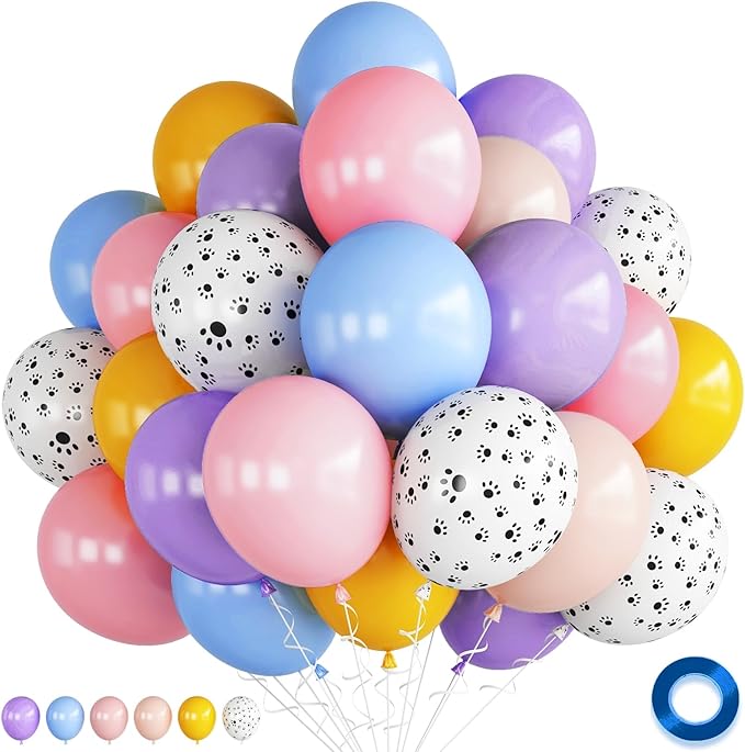 Blue Pastel Balloons, Dog Paw Printed Birthday Party Decorations Balloons, Blue Purple Yellow Pink Balloon for Boys Girls Puppy Theme Baby Shower Supplies
