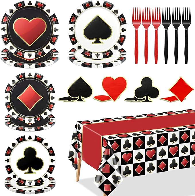 Casino Birthday Party Plates Set for 20 Guests, Including Poker Tablecloth, Napkins, Forks and Plates for Casino Theme Party Decorations Game Night Baby Shower