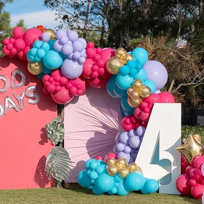 Balloon Arch Kit, Hot Pink Purple Teal Blue Metallic Gold Balloons for Girl Birthday Party Decorations Baby Shower Bridal Wedding Graduation Party Supplies