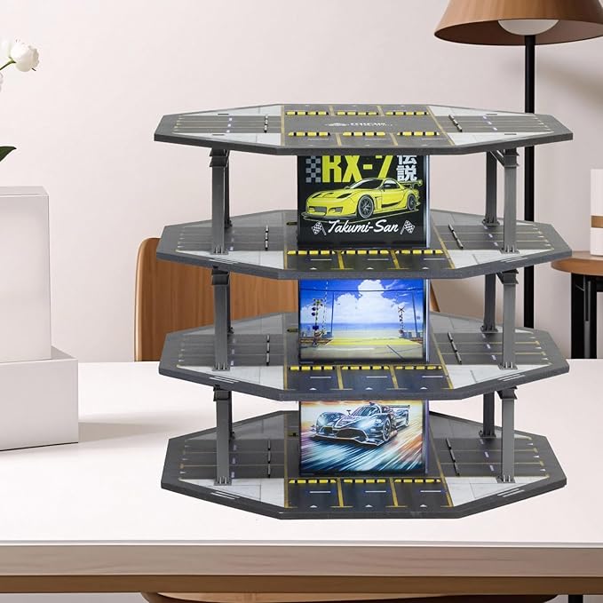 1/64 Scale Octagonal Building Style Display Case Car Garage Moldel with LED Light and Diecast Car Show Case 48 Parking 4th Floor