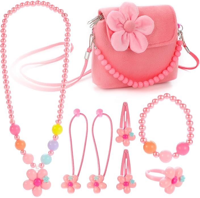 Hifot Kids Jewelry Little Girls Plush Handbag Necklace Bracelet Earrings Ring Hair Clips Set, Princess Costume Jewelry Party Favors Gift for Dress up Pretend Play (3-8 Years)