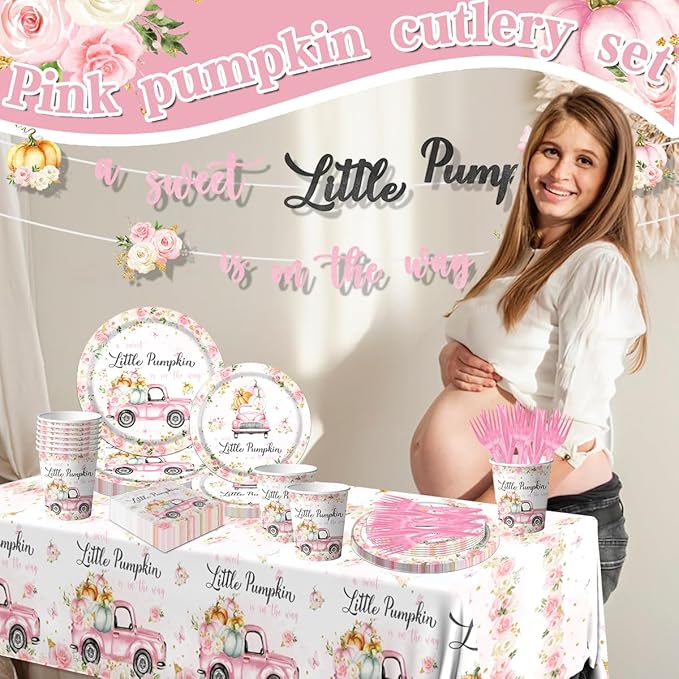Little Pumpkin Baby Shower Party Decorations Tableware,142Pcs A Sweet Little Pumpkin is On The Way Girl Pink Floral Truck Disposable Tablecloth,Plates,Napkins for Autumn Fall Thanksgiving Supplies