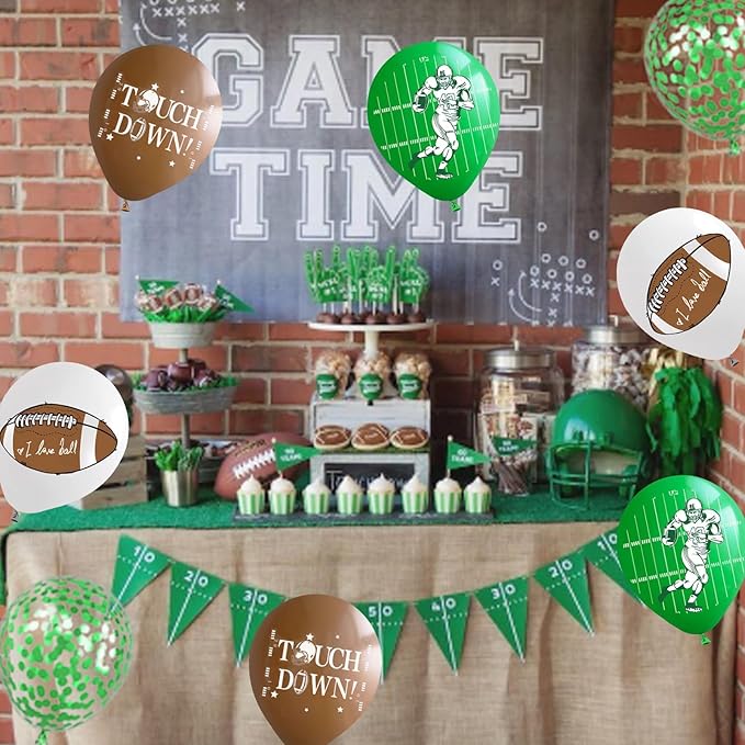 Football Balloons,60Pcs 12 Inch Green Brown White Green Confetti Football Party Balloons for Boy Football Birthday Sport Party Decorations Sports Baby Shower Graduation Party Supplies