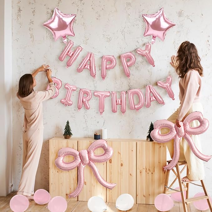 Bow Party Decorations Pink Happy Birthday Balloons Banner Pink Birthday Decorations Bow Balloons for Women Girls Birthday Decor Party Supplies
