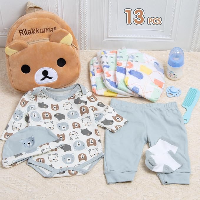 12 Pcs Reborn Baby Doll Clothes Set for 17-22 Inch Babydolls, Eazy Bear Reborn Baby Doll Clothes and Accessories with Plush-Finish Backpack, Beer hat, and Clothes for Realistic Babydolls