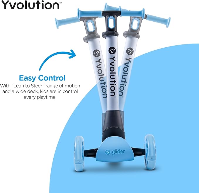 Yvolution Y Glider Nua 3-Wheel Kids Scooter – Adjustable Height, Arc-Folding Handlebar, LED Light-Up Front Wheels, Extra-Wide Deck, Ages 3-10