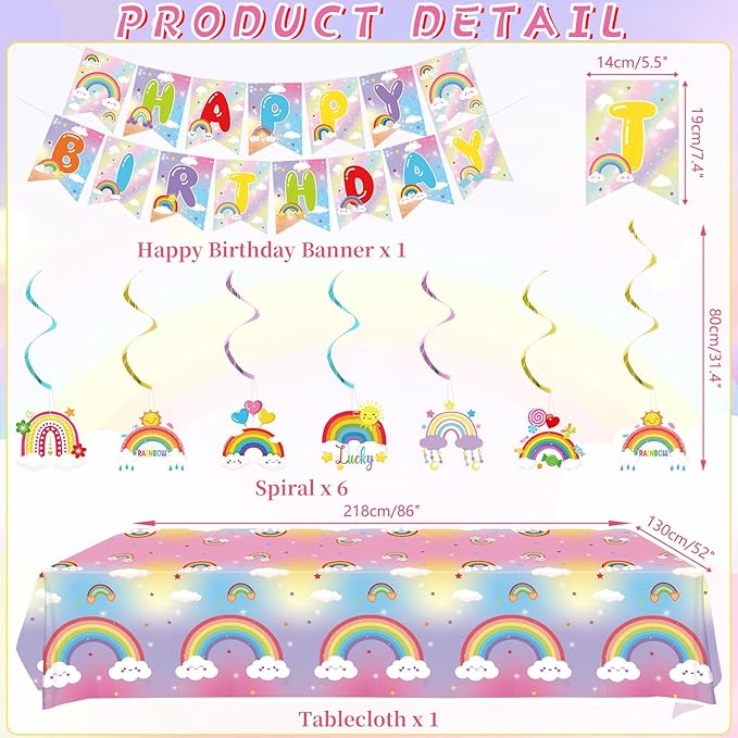 Rainbow Birthday Party Decorations - Rainbow Party Supplies including Banner, Plate, Cake Topper, Cup, Napkin, Balloon, Tablecloth - Serves 20