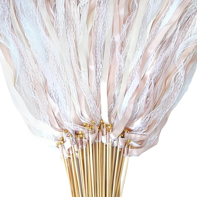 50Pcs Ribbon Sticks Wands Streamers with Bells Silk Fairy Lace Stick Party Ribbon Streamers for Wedding Party, Birthday and Holiday Activities-Champagne
