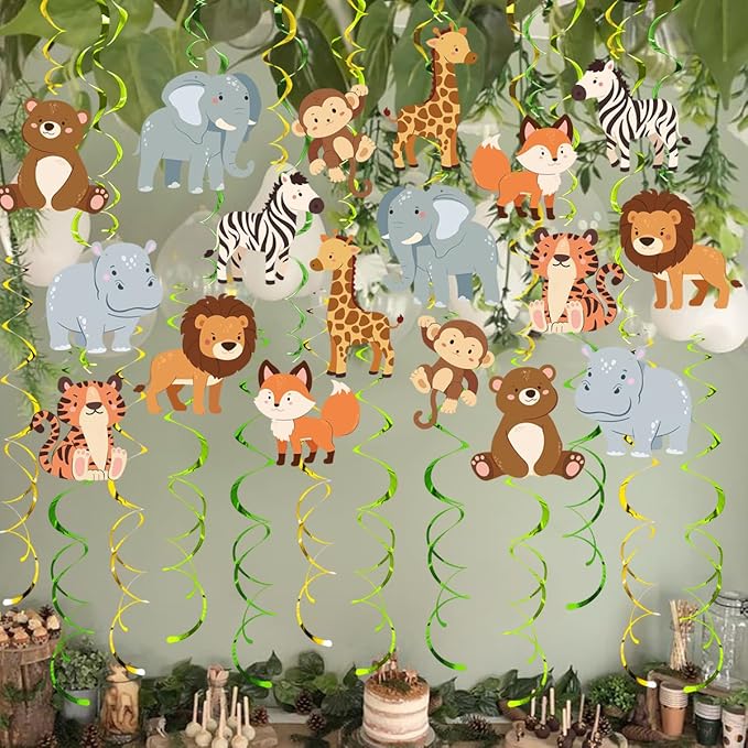 Safari Animal Party Streamers, 48 Pcs Jungle Theme Hanging Swirl Decorations - Hippo, Lion, Zebra & More for Birthday, Holiday, Classroom & Party Decor
