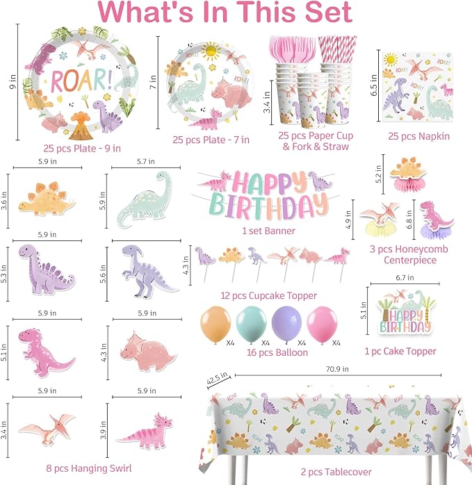 Xynic 201 Pcs Pastel Dinosaur Birthday Decorations Girl, Dinosaur Birthday Banner, Cupcake Toppers, Disposable Table Cloth, Plates and Napkins Pink Watercolor Cute Girls Dino Theme Party Supplies