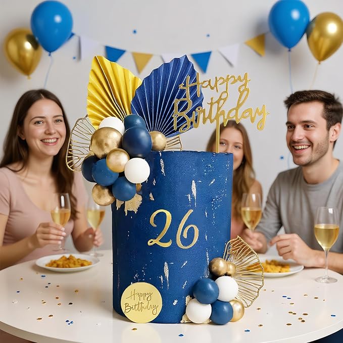 42Pcs Blue White Gold Balls Cake Topper Decorations with Disco Balls Palm Ginkgo Leaves Acrylic Numbers 0-9 and Happy Birthday Cake Decor for Boho Wedding Baby Shower Birthday Party Supplies