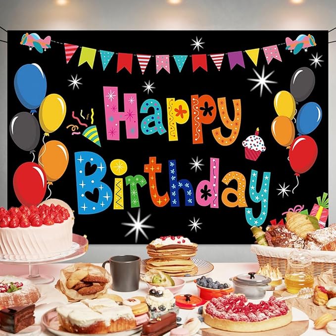 Black Balloon Birthday Party Backdrop Colorful Black Happy Birthday Banner Photography Background for Home Decorations Party Supplies 70.8 x 47.2 Inch