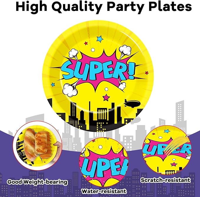 CHUNNIN 60 Pcs Super Theme Hero Party Plates for Birthday Party Decorations 9in Super Theme Hero Paper Plates Disposable Colorful Paper Plate for Kids Home Birthday Event Supplies