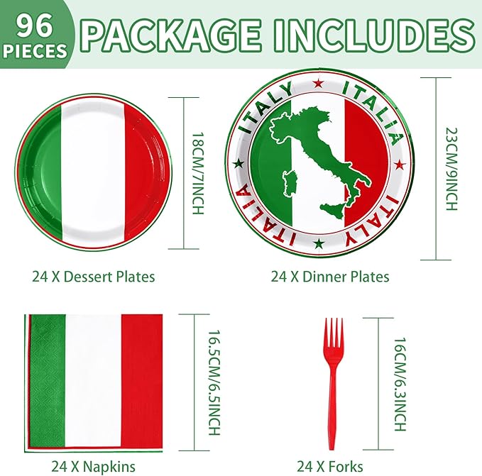 96Pcs Italian Flag Birthday Party Supplies Italy Flag Plates and Napkins Red White and Green Italian Tableware Sets for Pizza Baby Shower Picnic Holiday Family Reunion Party Decorations Serves 24