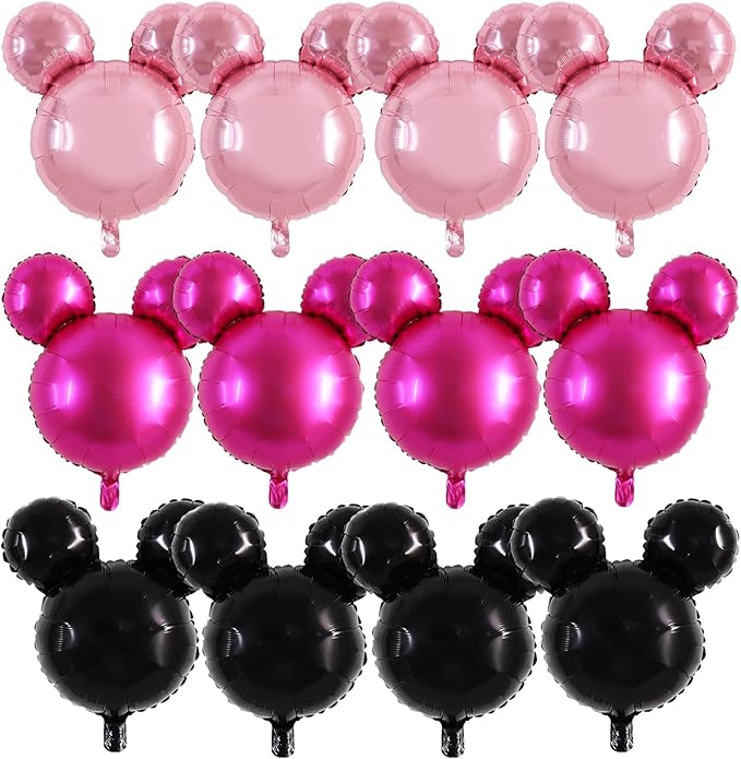 Vuzvuv 12pcs 24 Inches Mouse Head Foil Balloons, Rose Red Pink Mouse Shaped Balloon for Birthday Party, Baby Shower,Theme Party Decoration,Graduation Party Supplies