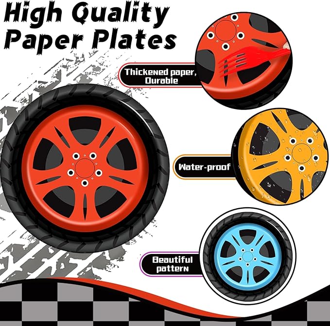 48Pcs Race Car Party Supplies Colorful Tire Paper Plates 7" Racing Sports Themed Dessert Plates Racing Truck Themed Party Decorations for Kids Boys Birthday Baby Shower Favors Serves 48 Guests