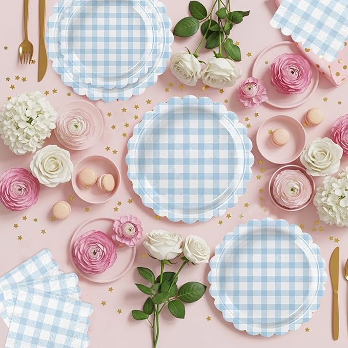 102 PCS Light Blue Gingham Party Supplies - Scalloped Plates, Napkins, Cups, Forks, Banner, Tablecloth for Baby Shower, Wedding, Birthday, Serves 25