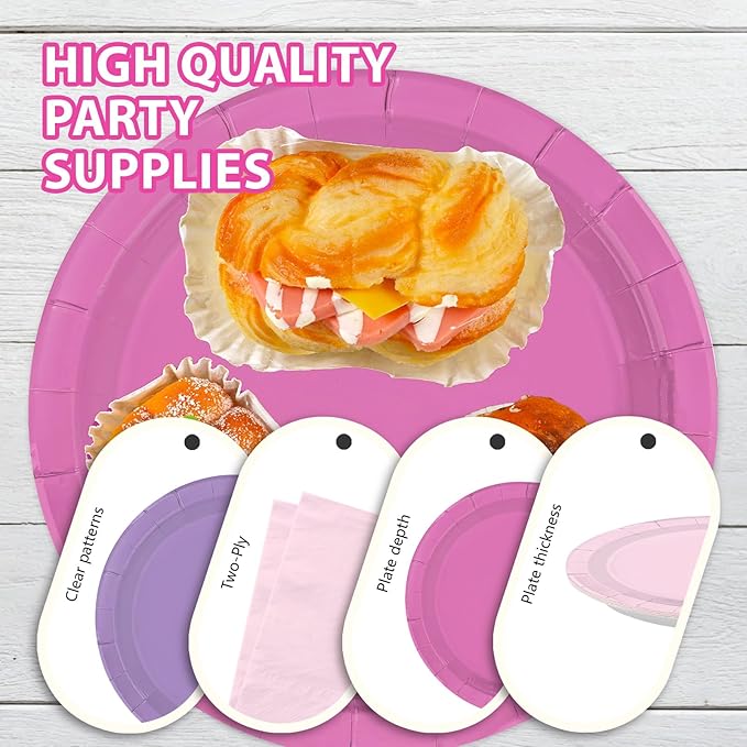 96Pcs Purple Pink Birthday Party Decoration Light Plates and Napkins Hot Pink and Purple Disposable Paper Tableware Set for Girls Birthday Bridal Baby Shower Wedding Party Supplies Serves 24