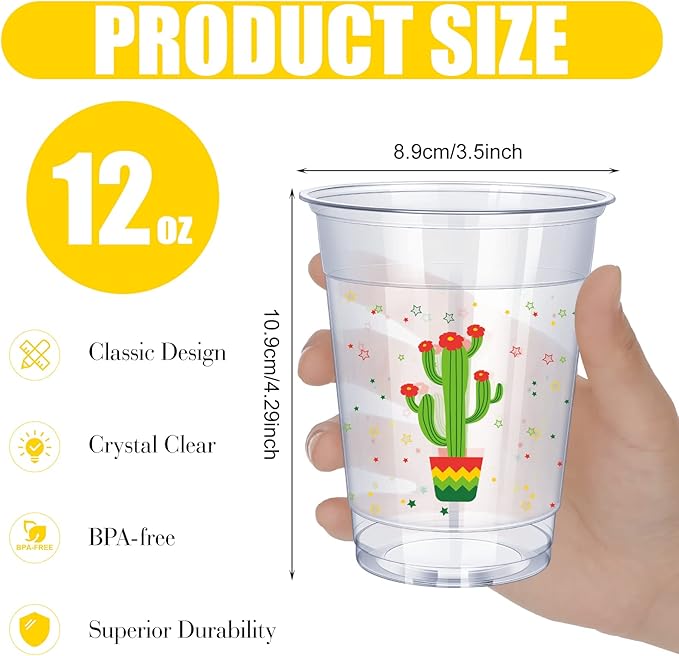 meekoo 100 Pcs 12 oz Fiesta Cup Plastic Mexican Cup Clear Disposable Margarita Glasses Cinco De Mayo Party Decorations for Tequila Birthday Party Drinkware Taco Supplies, 4 Style