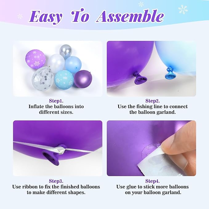 212pcs Frozen Balloon Arch Garland Kit, Blue Purple White Balloons with Fringe Curtain Snowflake Balloons Birthday Banner for Winter Wonderland 3th 4th Frozen Birthday Party Decorations
