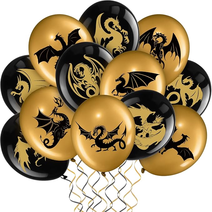Zomiboo 50 Pieces Dragon Theme Party Supplies, Dragon Theme Party Balloons, Black Gold Birthday Decoration Picks for Fantasy Supplies, 12 Inches